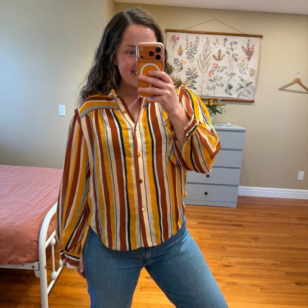 Frame Silk Yellow Tan Striped Overized Retro Button Front Long Sleeve Blouse XS - Picture 2 of 13